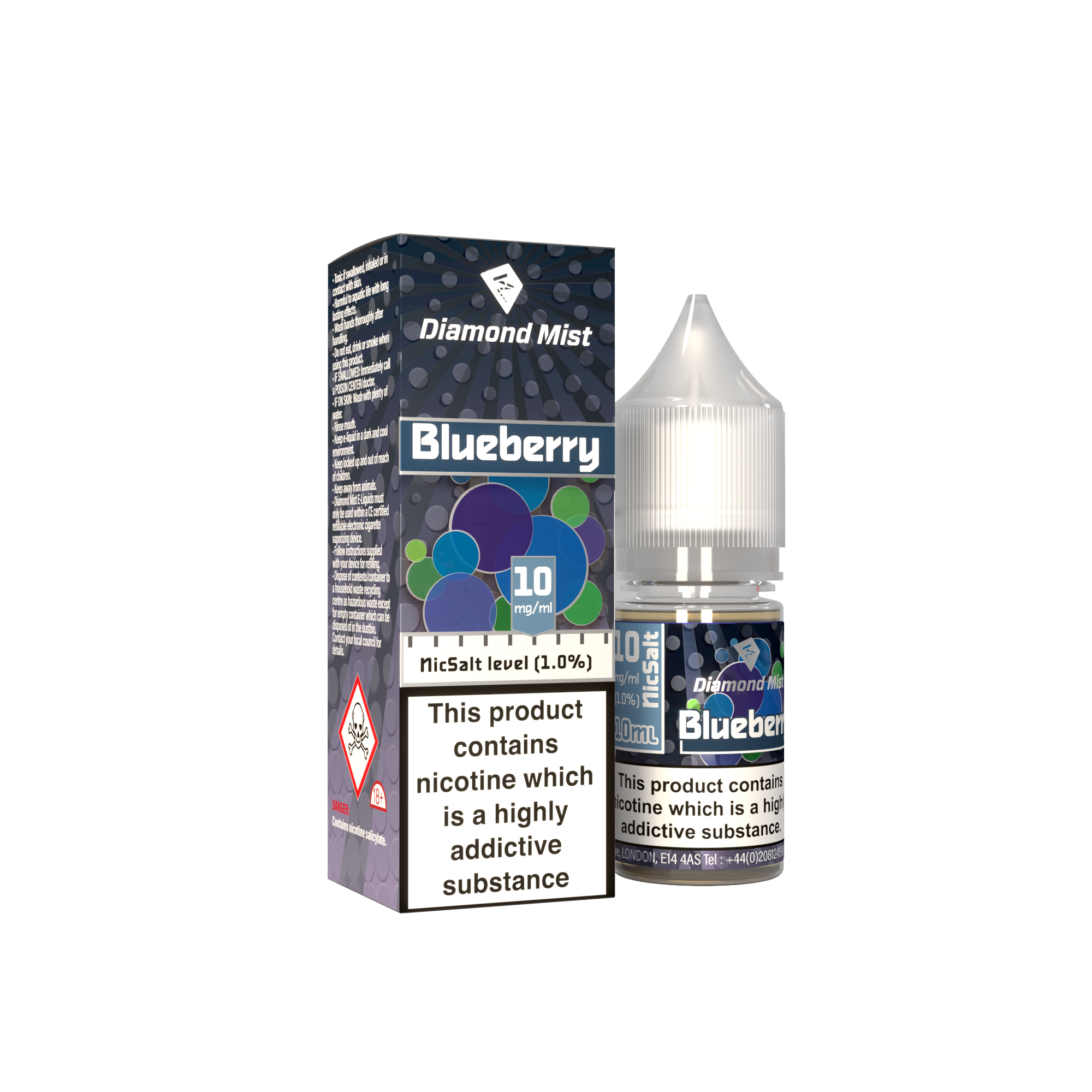 Diamond Mist Blueberry nic salt e-liquid 10ml 10mg bottle