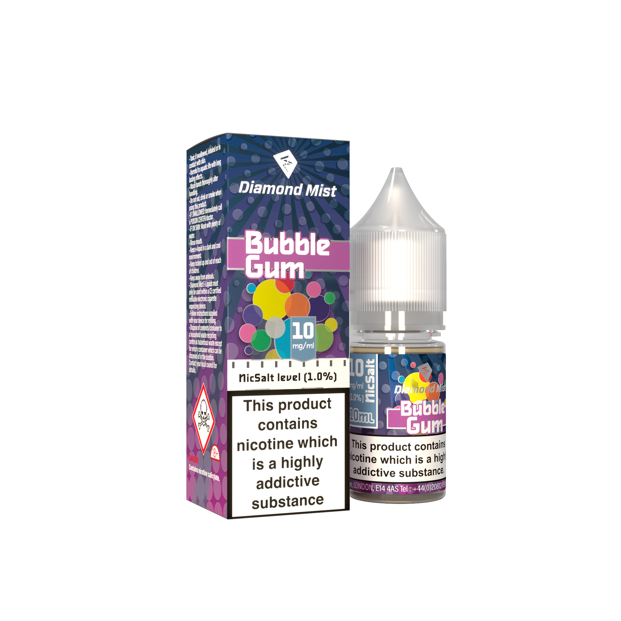 Diamond Mist Bubble Gum nic salt e-liquid 10ml 10mg bottle