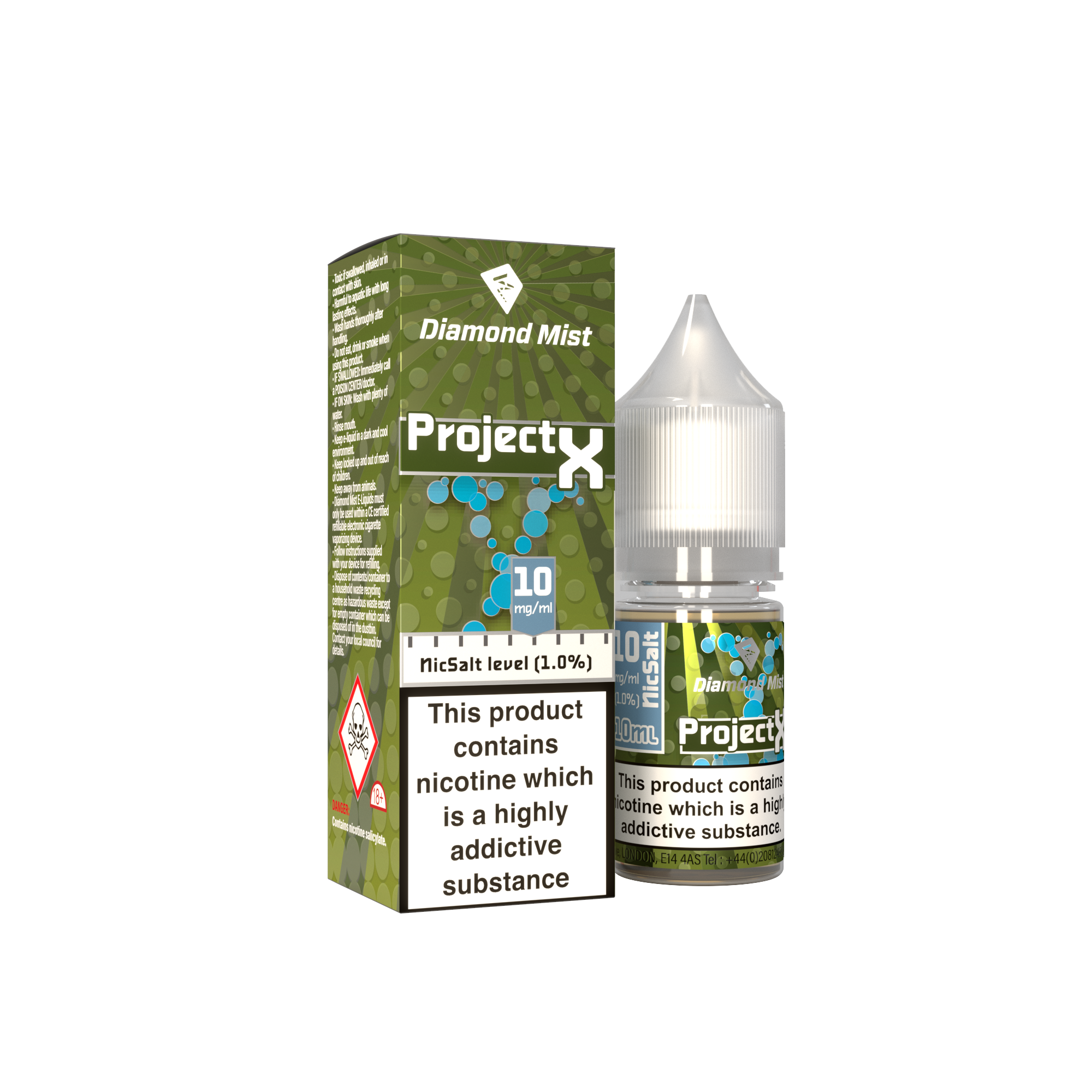 Diamond Mist Project X nic salt e-liquid 10ml 10mg bottle