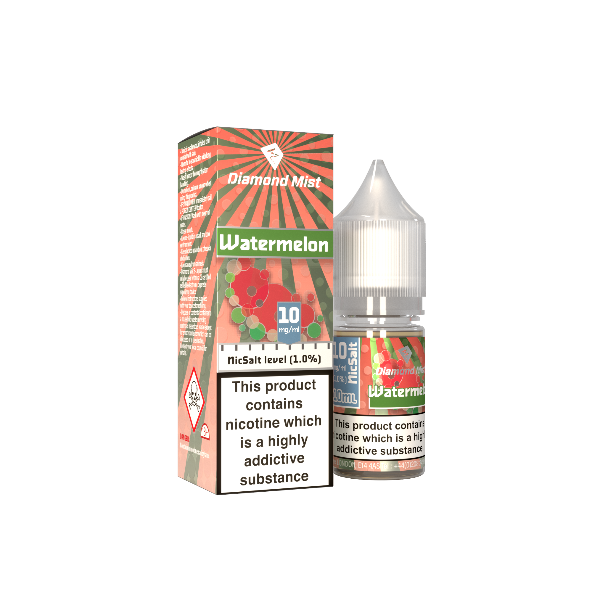 Diamond Mist Watermelon nic salt e-liquid 10ml 10mg bottle