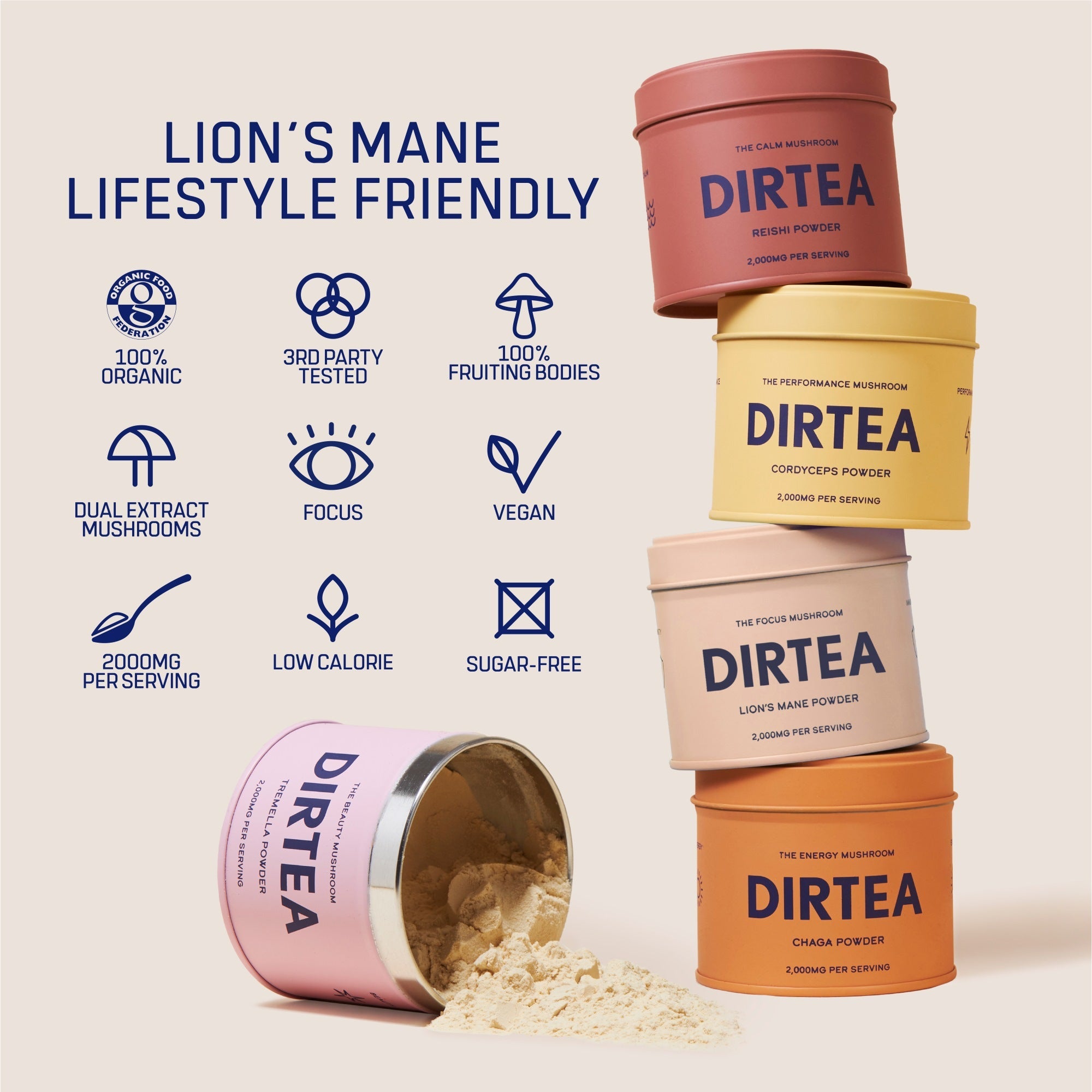 DIRTEA Lion's Mane Mushroom Powder Tin 60g – 30 Servings