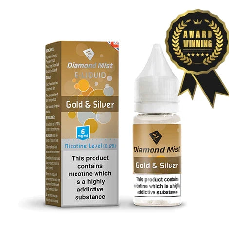 Diamond Mist E-liquid 'Gold & Silver' 6 mg/ml nicotine level 6 e-liquid bottle and its packaging box, alongside a gold and black award winning badge on a white background.