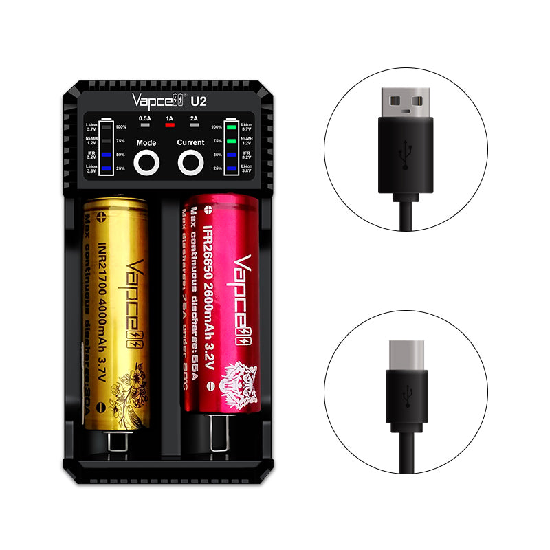 Vapcell U2 two-bay 18650 and 21700 smart battery charger