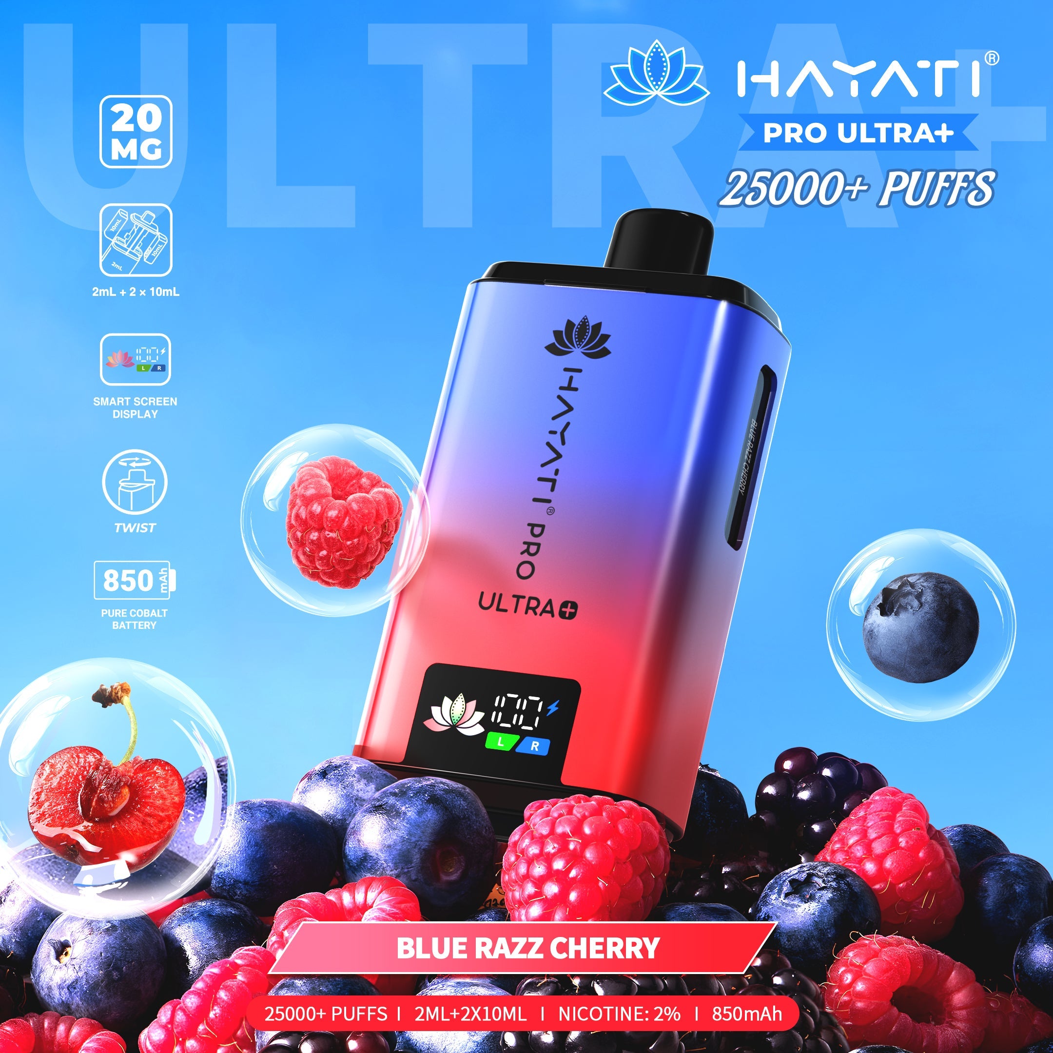 Hayati Pro Ultra Plus 25000 Blue Razz Cherry prefilled pod kits 20mg