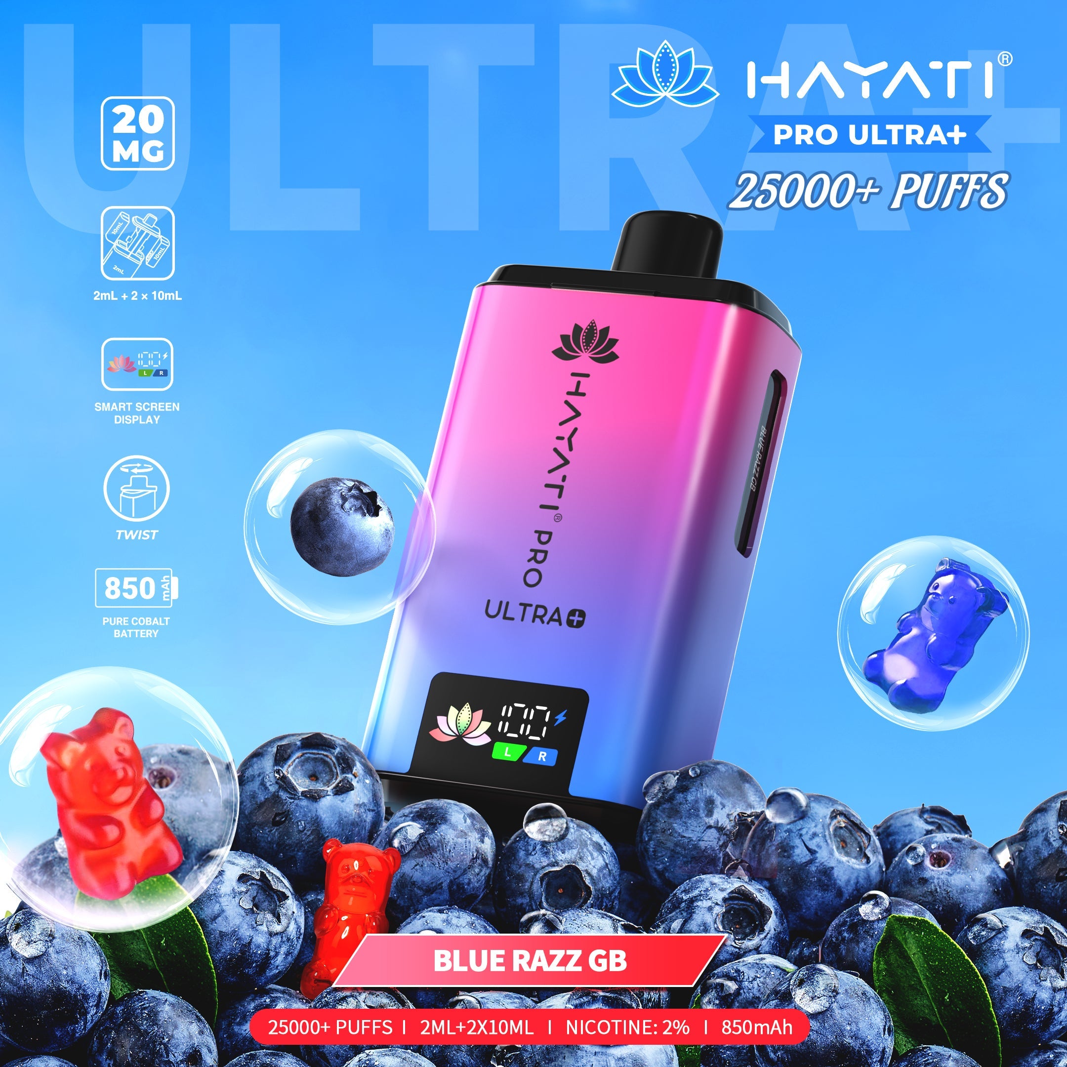Hayati Pro Ultra Plus 25000 Blue Razz GB prefilled pod kits 20mg