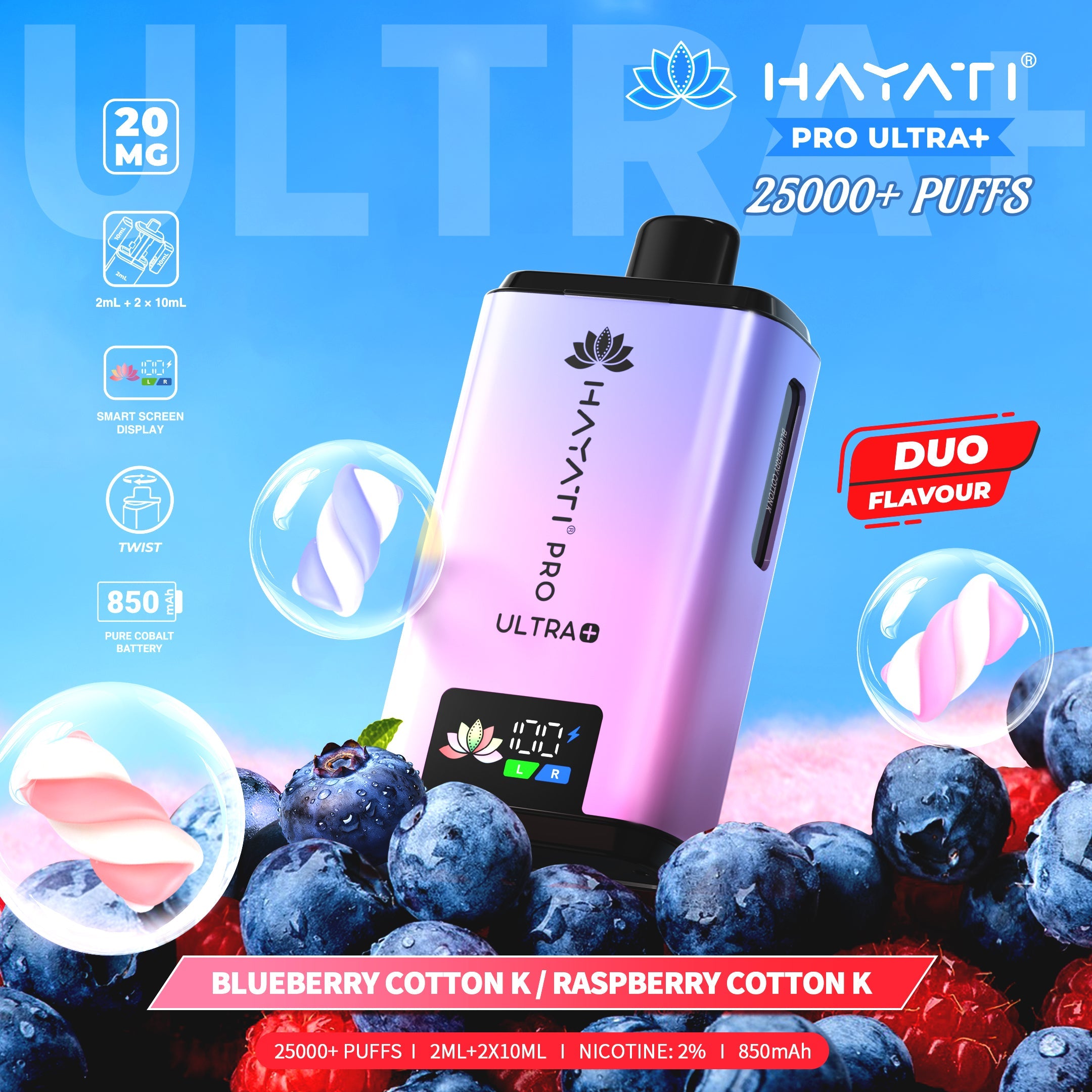Hayati Pro Ultra Plus 25000 Blueberry Cotton K / Raspberry Cotton K prefilled pod kits 20mg