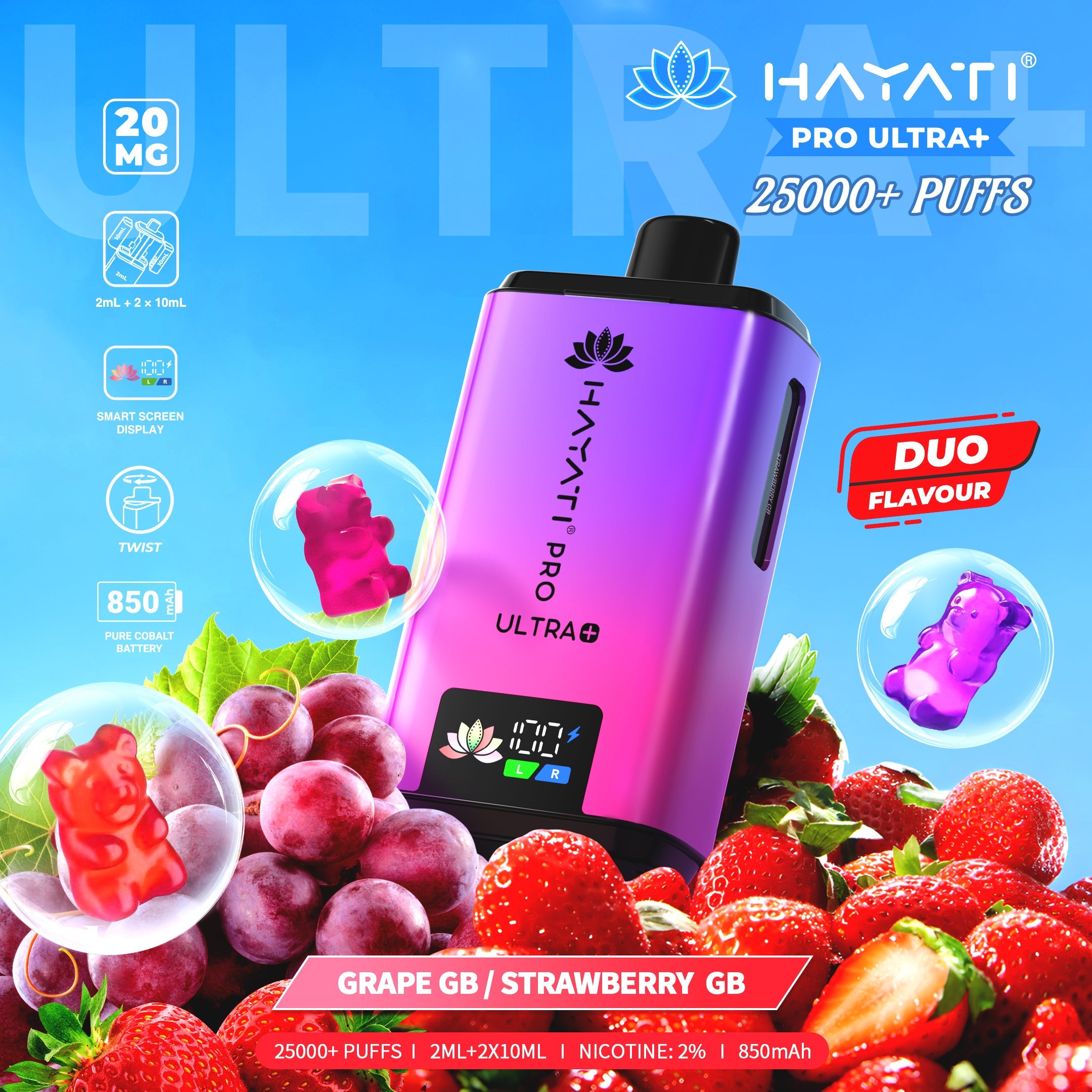 Hayati Pro Ultra Plus 25000 Grape GB / Strawberry GB prefilled pod kits 20mg