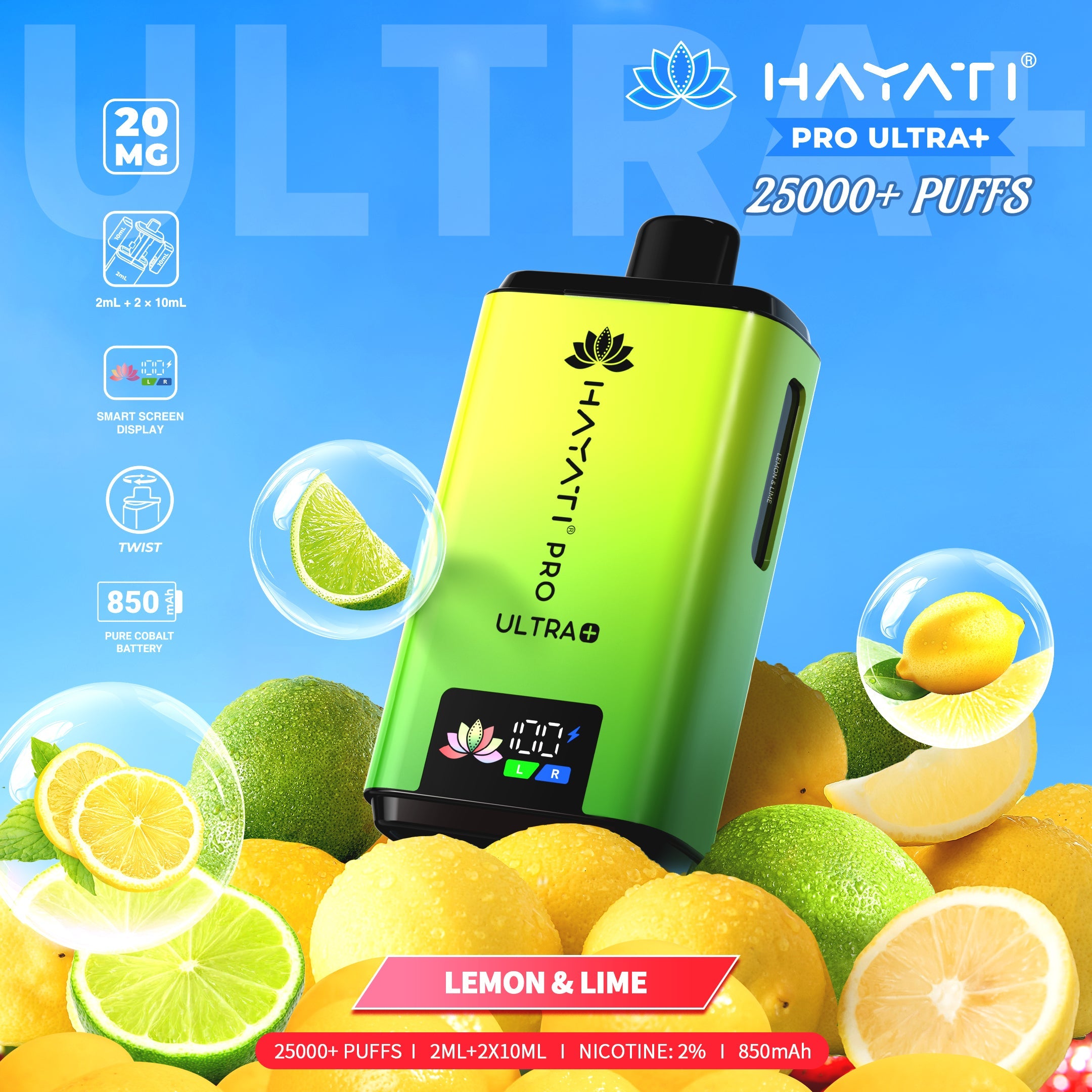 Hayati Pro Ultra Plus 25000 Lemon & Lime prefilled pod kits 20mg