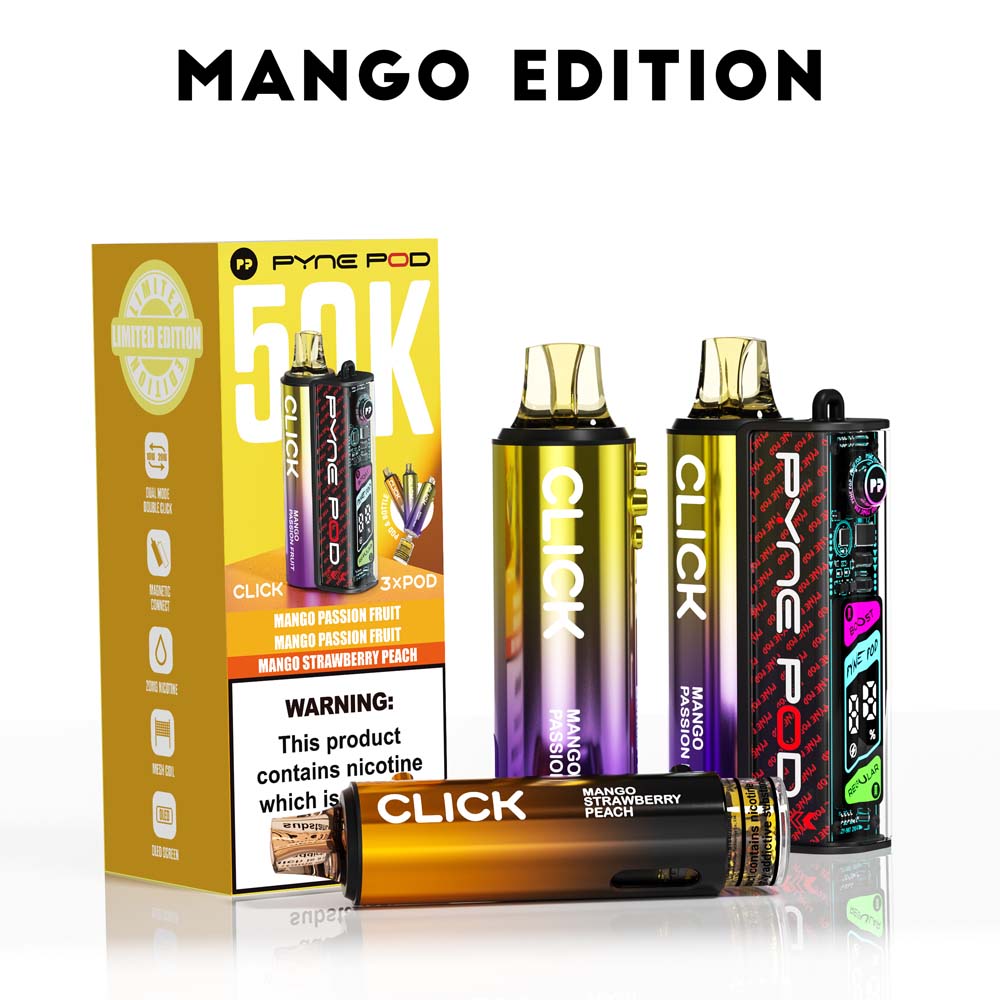 Pyne Pod Click 50K Mango Edition prefilled pod vape kit box – 20mg