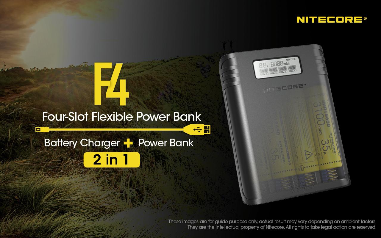 Nitecore F4 four-bay 18650 battery charger and USB power bank