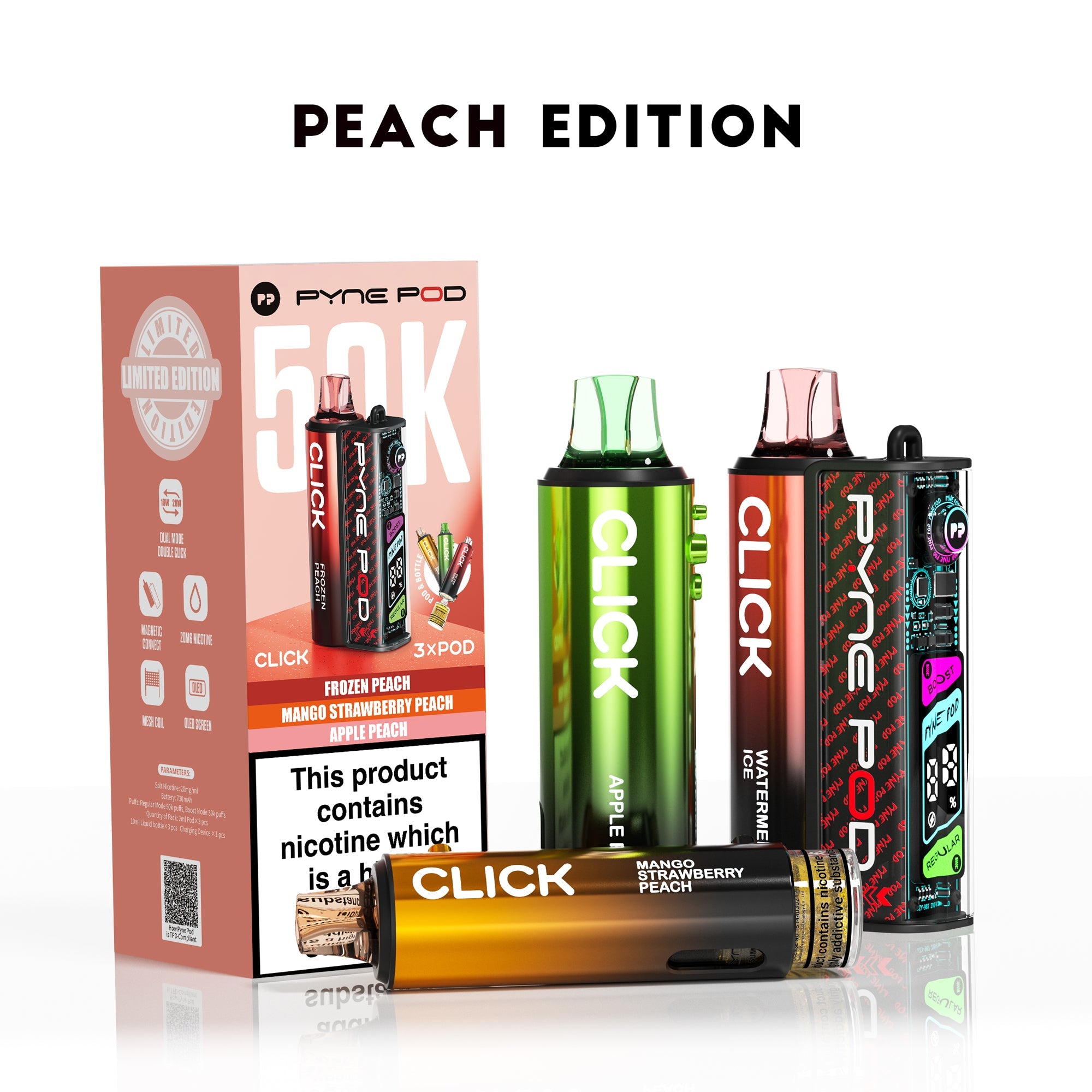 Pyne Pod Click 50K Peach Edition prefilled pod vape kit box – 20mg