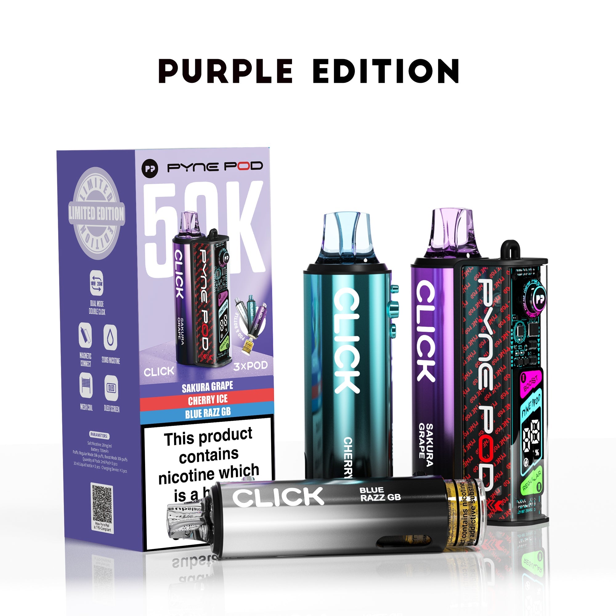 Pyne Pod Click 50K Purple Edition prefilled pod vape kit box – 20mg