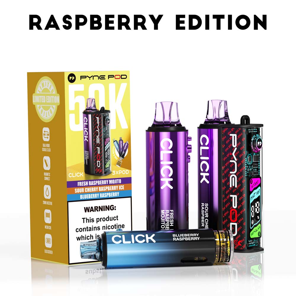 Pyne Pod Click 50K Raspberry Edition prefilled pod vape kit box – 20mg