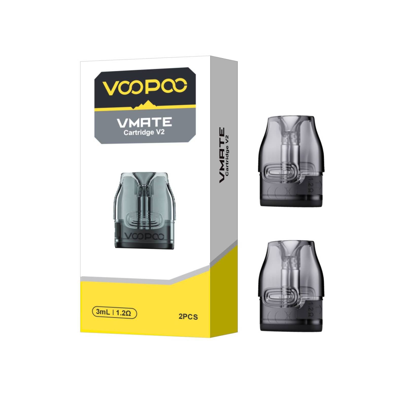 VOOPOO VMATE V2 XL 3ml Replacement Pods 1.2Ω (Pack of 2) – retail pod box and pack contents