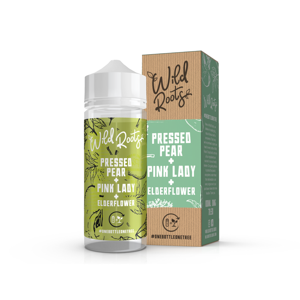 Wild Roots Pressed Pear, Pink Lady Apple & Elderflower 100ml 0mg shortfill e-liquid bottle