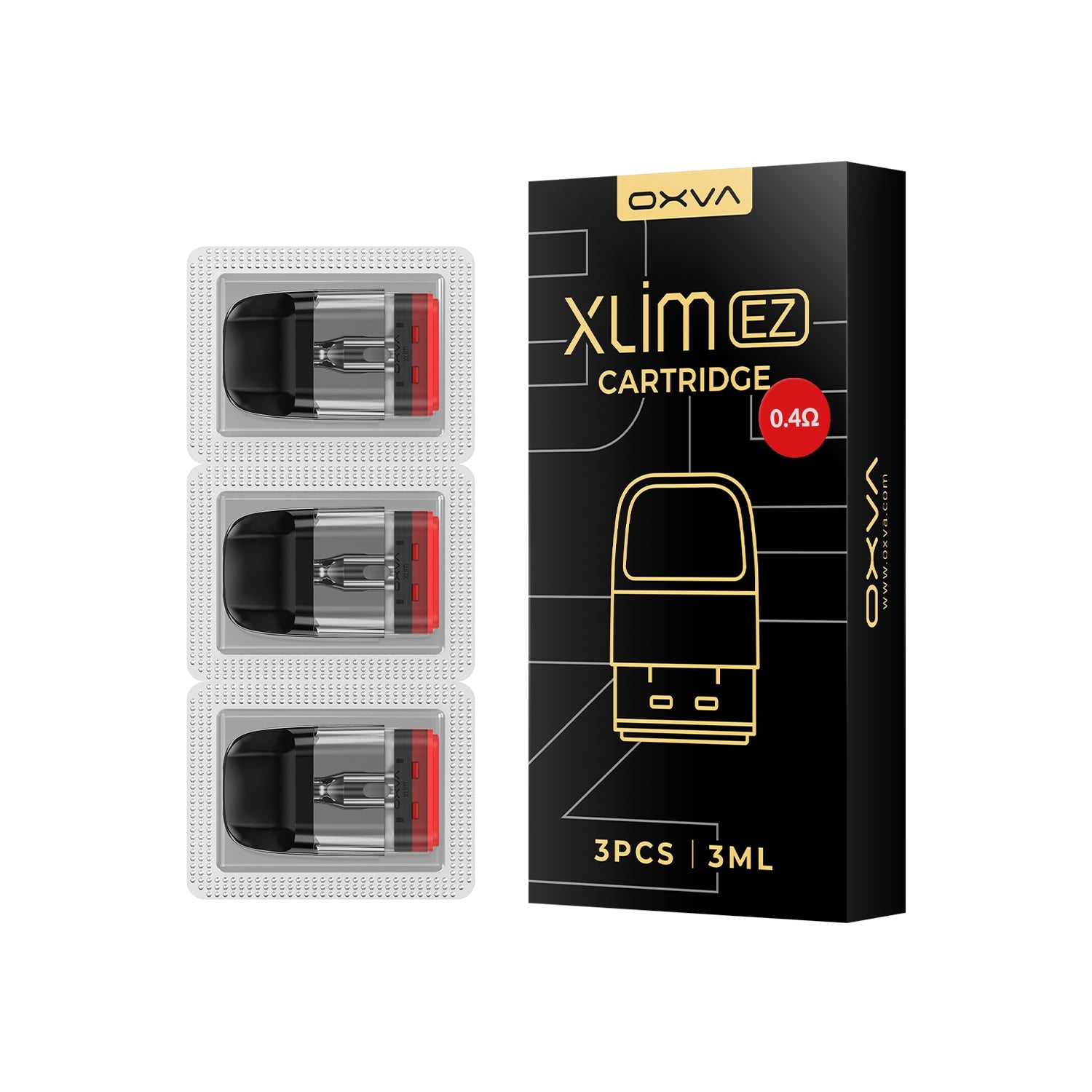 OXVA XLIM EZ XL 3ml Top-Fill Replacement Pods - 0.4 Ohm (Pack of 3) – retail pod box and pack contents
