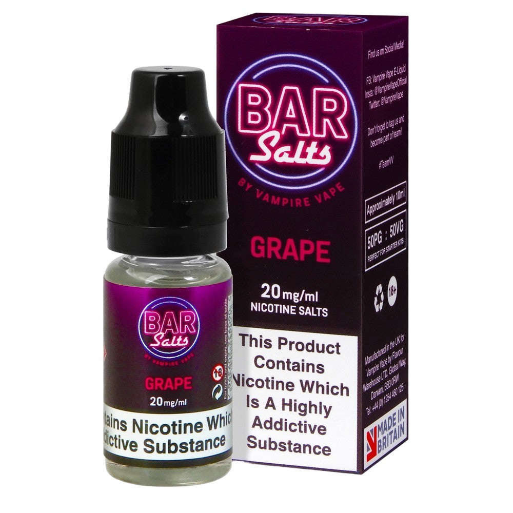 Bar Salts Grape 20mg nic salt e-liquid 10ml bottle and box
