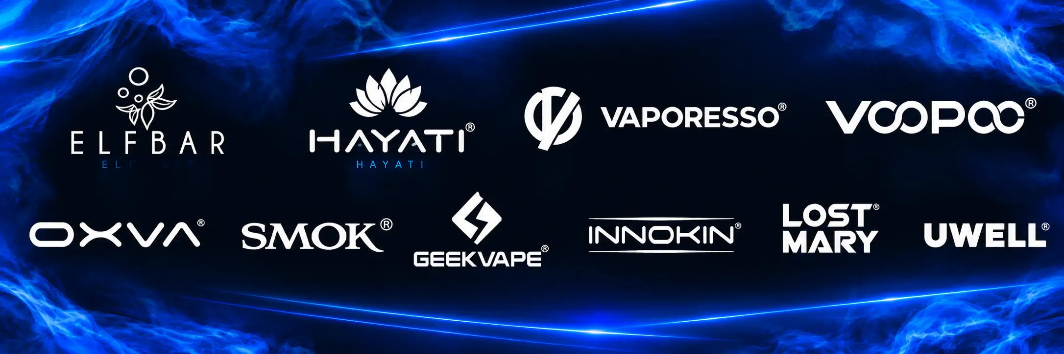 Blue electric-themed background with white vape brand logos.