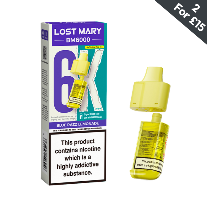 Lost Mary BM6000 Blue Razz Lemonade 20mg replacement pod and refill container