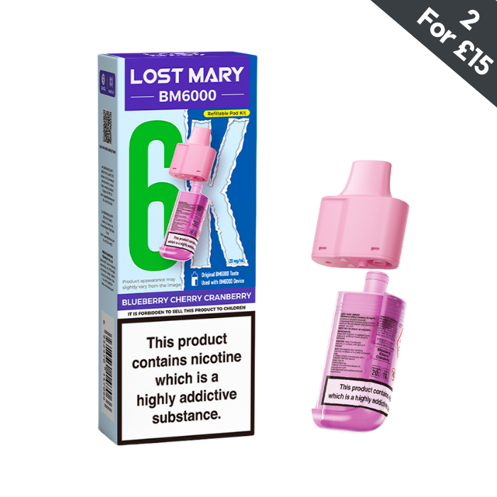 Lost Mary BM6000 Blueberry Cherry Cranberry 20mg replacement pod and refill container
