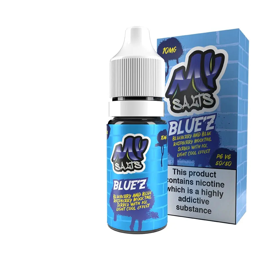 My Salts Blue'z Blueberry & Blue Raspberry Ice Nic Salt E-Liquid 10ml 10mg bottle and box