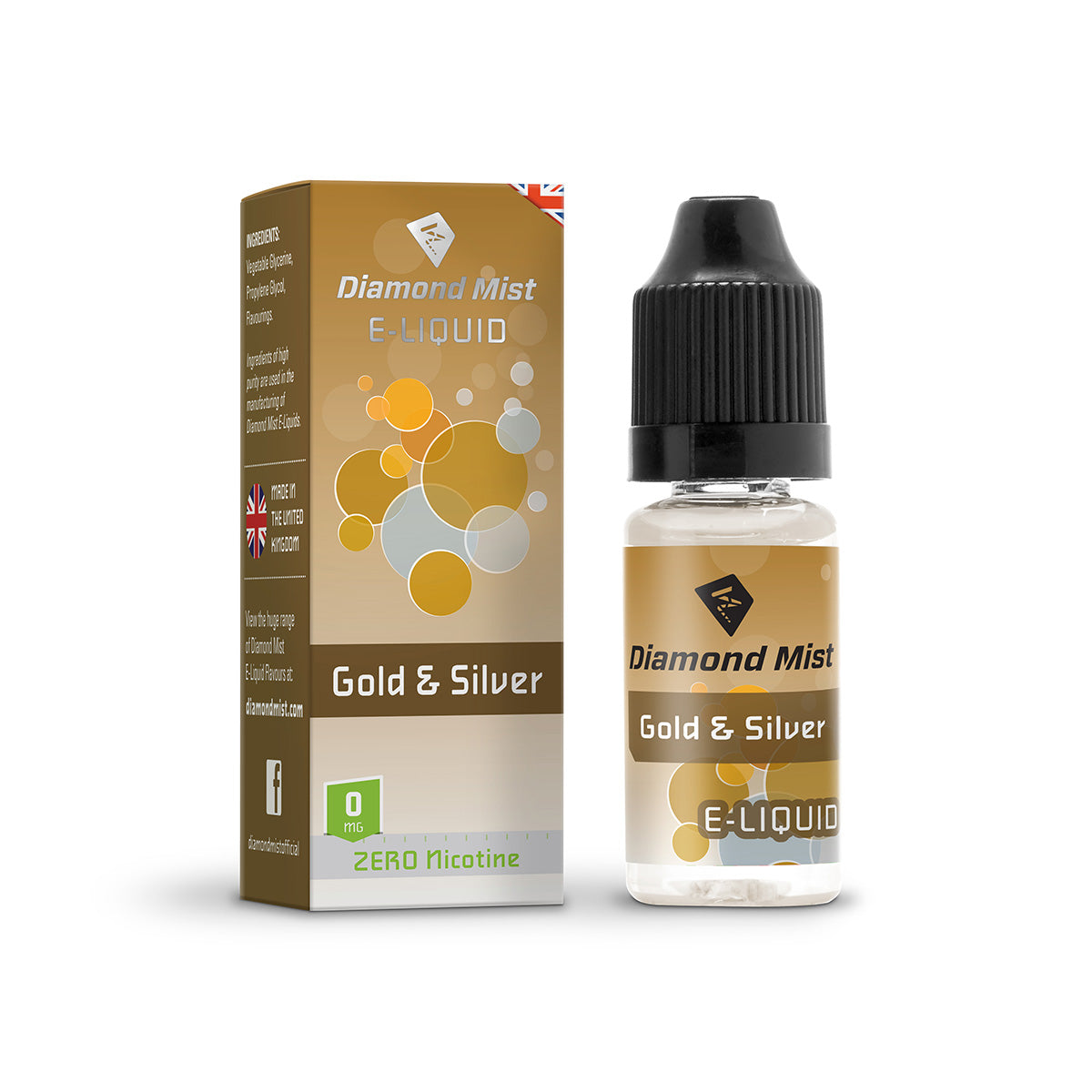 Diamond Mist Gold and Silver 0mg e-liquid 10ml bottle and box