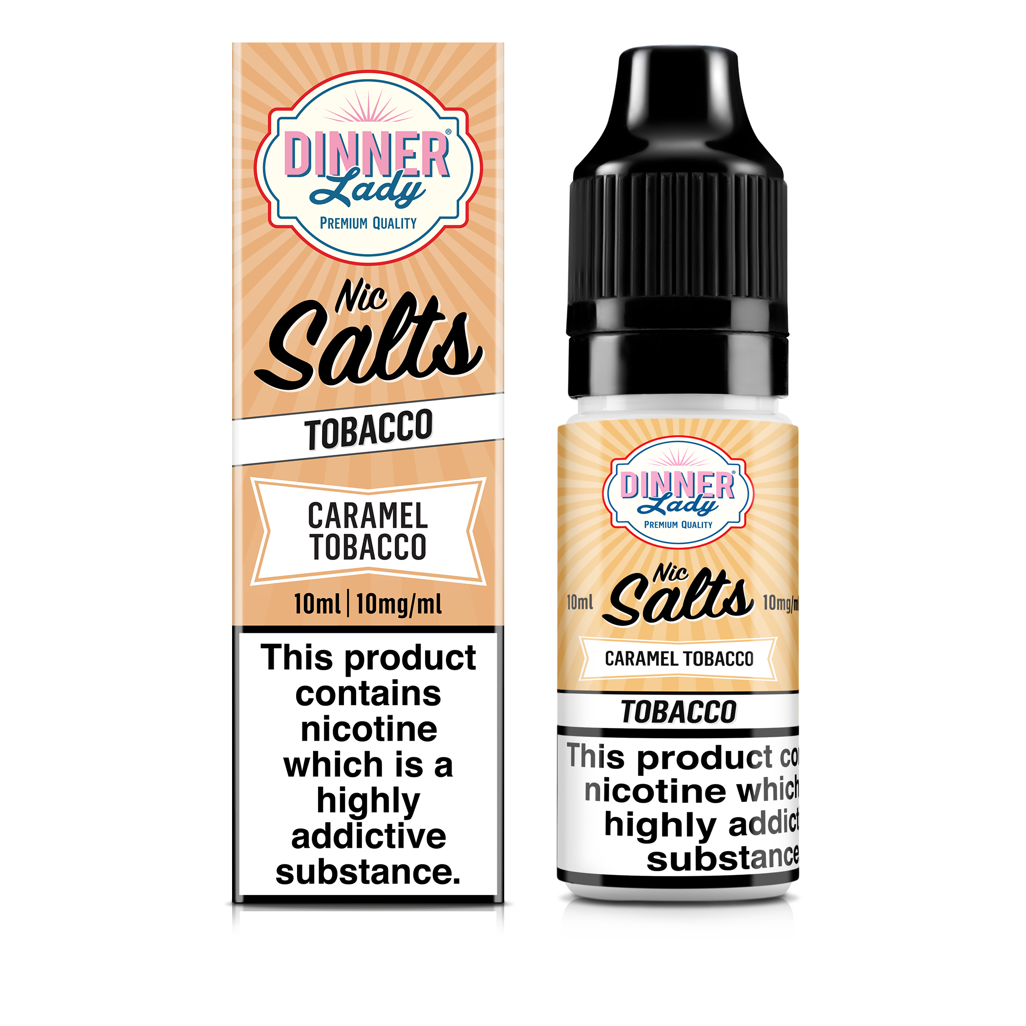 Dinner Lady Caramel Tobacco 10mg nic salt e-liquid 10ml bottle and box