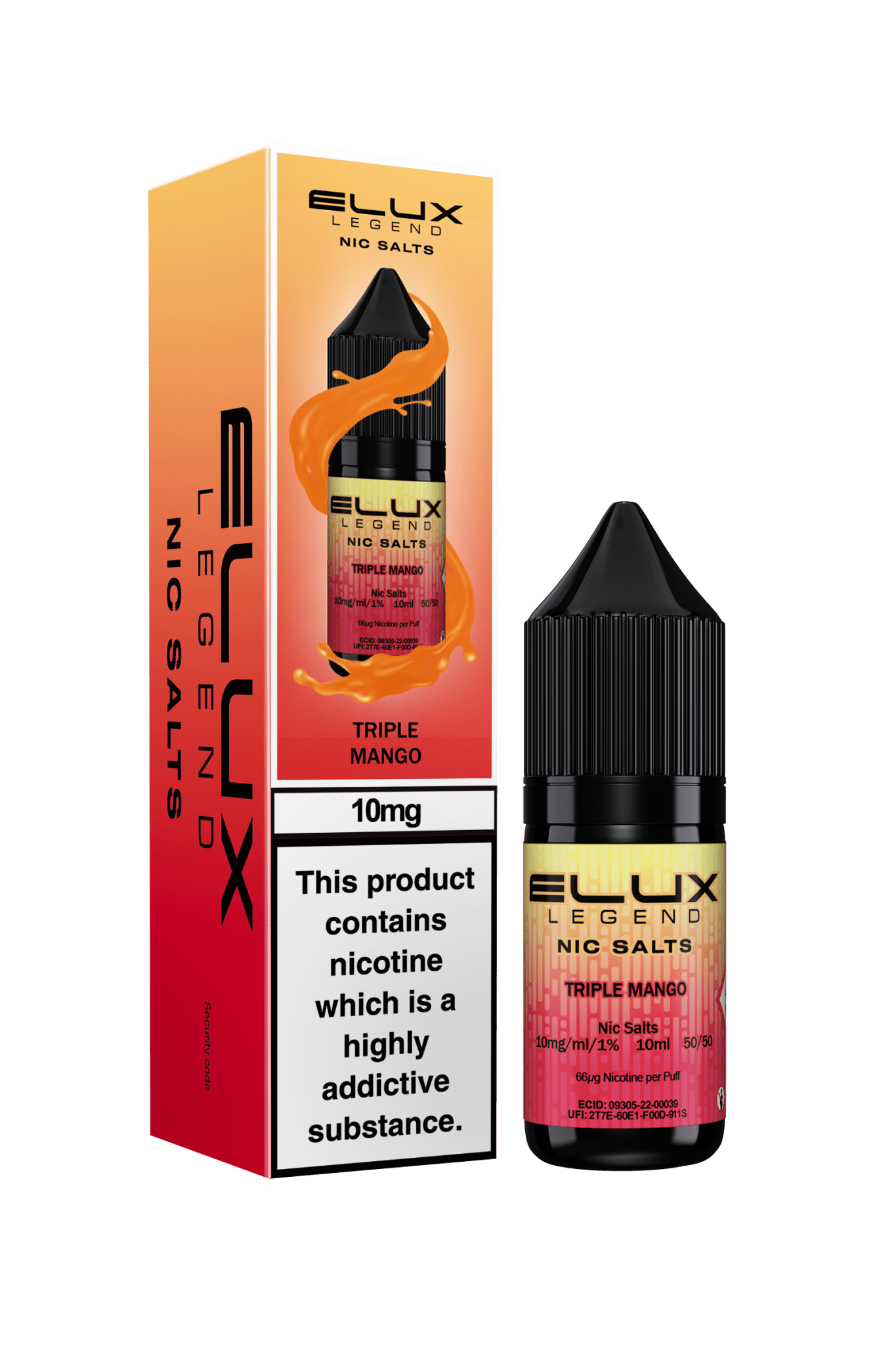 ELUX Triple Mango 10mg nic salt e-liquid 10ml bottle and box