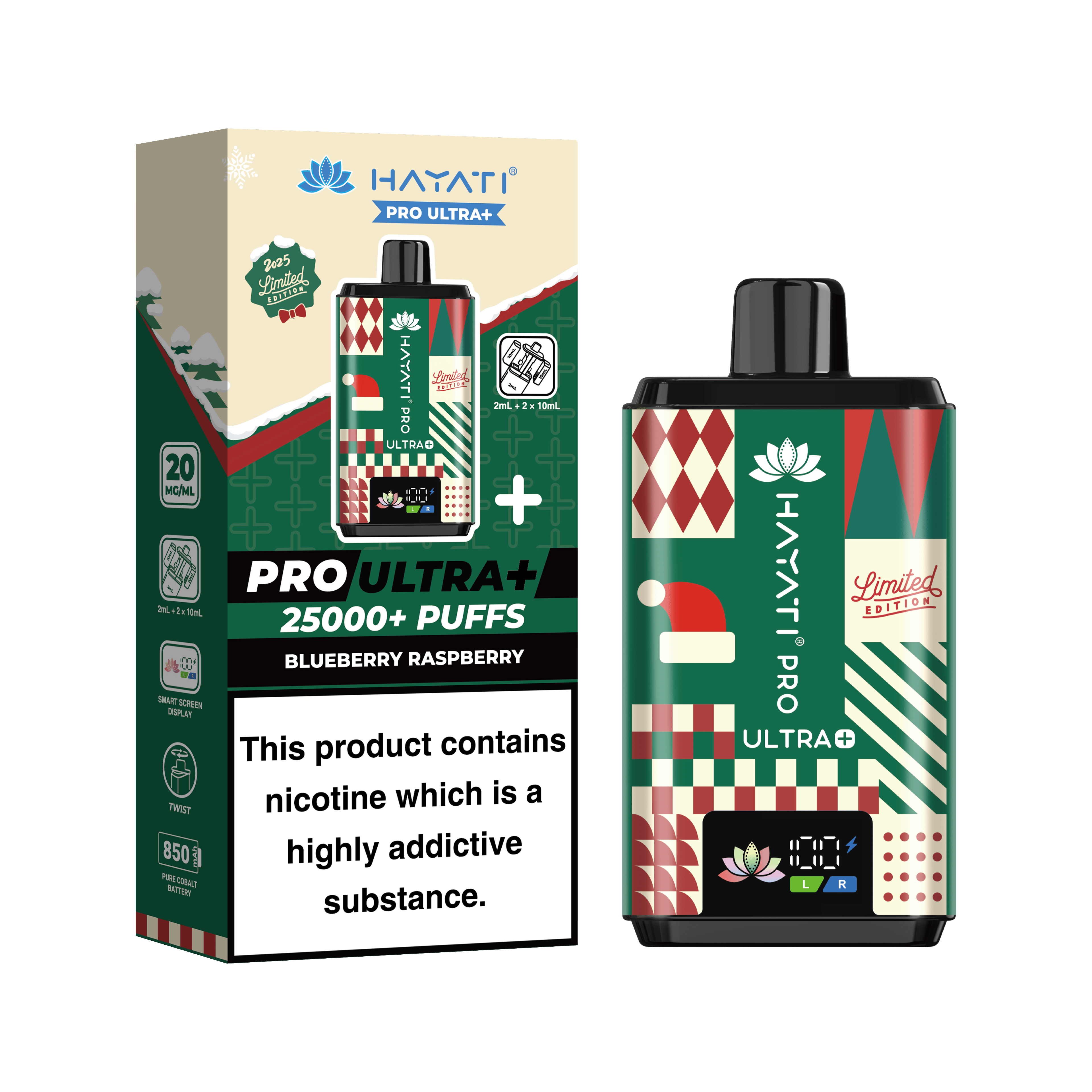 Hayati Pro Ultra Plus 25000 Blueberry Raspberry – Christmas Edition prefilled pod kits 20mg