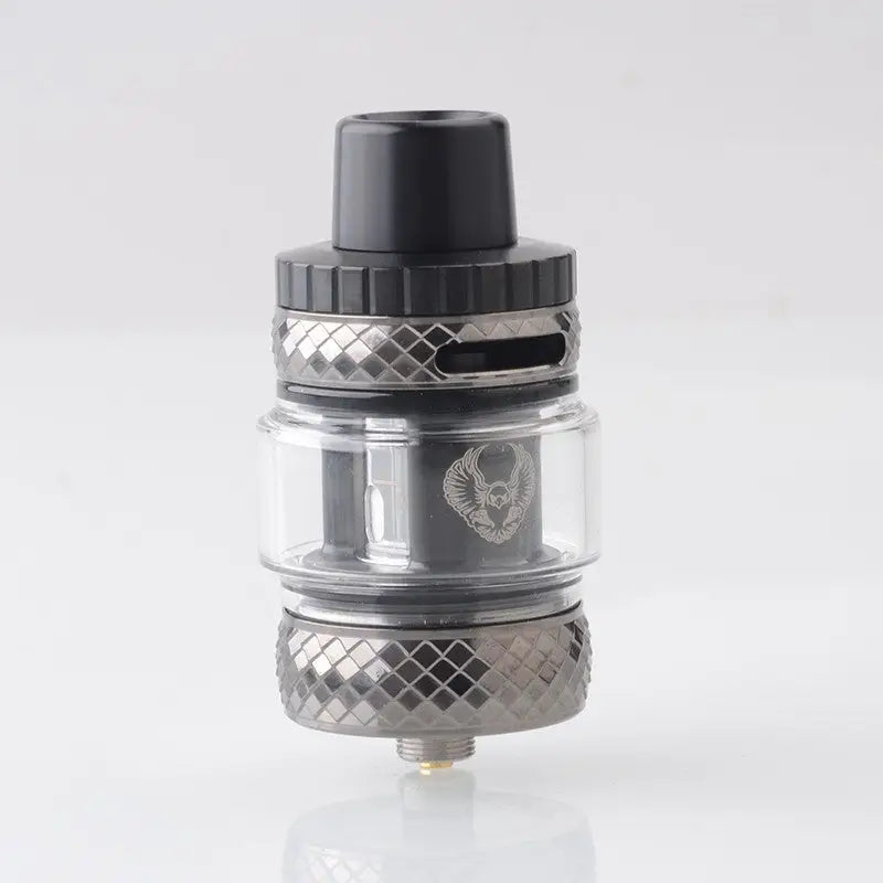 Close-up of the HorizonTech Sakerz Master Tank in gunmetal grey, showcasing the 5ml glass tank, adjustable airflow ring, and top-fill cap against a plain background.