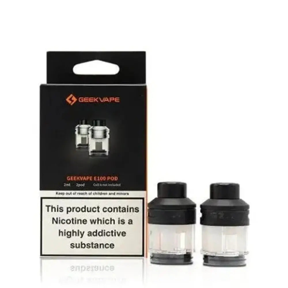 Geek Vape - E100 Pods - 2ml Silver - Pack of 2 – retail pod box and pack contents
