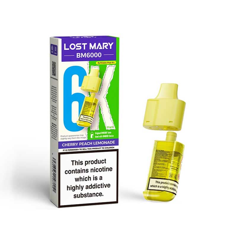 Lost Mary BM6000 Cherry Peach Lemonade 20mg replacement pod and refill container