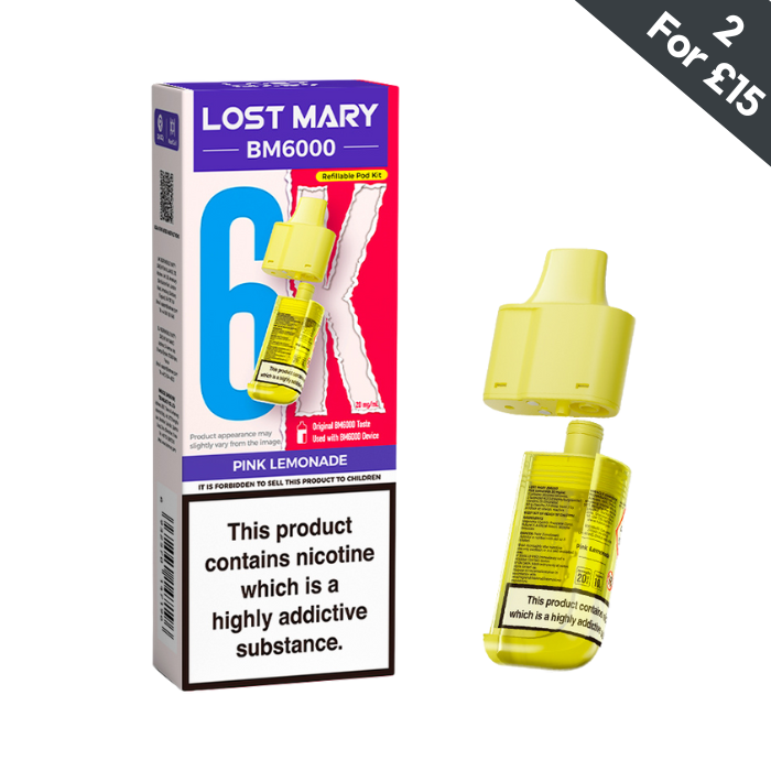 Lost Mary BM6000 Pink Lemonade 20mg replacement pod and refill container