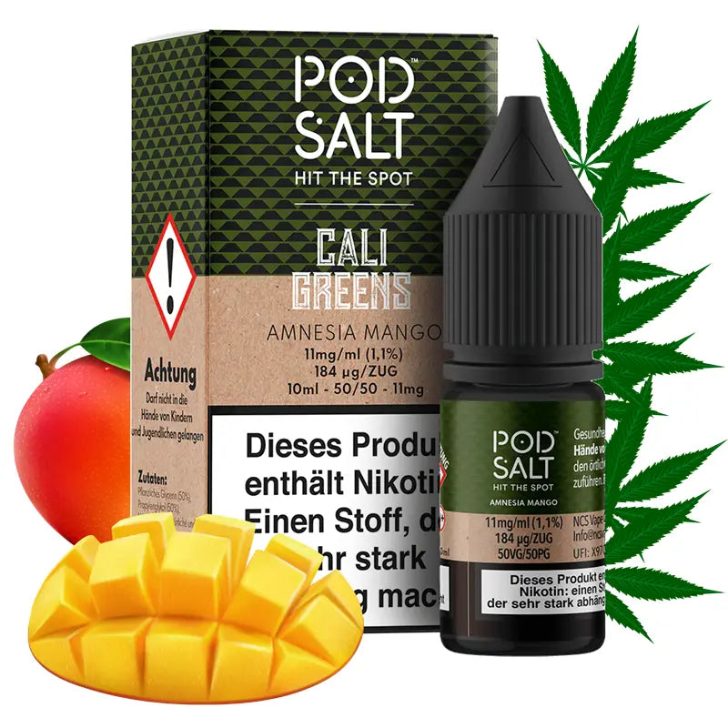 Pod Salt Cali Greens Amnesia Mango 11mg nic salt e-liquid 10ml bottle and box