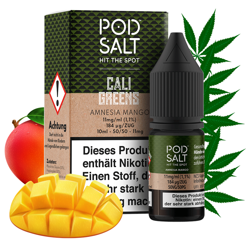 Pod Salt Cali Greens Amnesia Mango 11mg nic salt e-liquid 10ml bottle and box