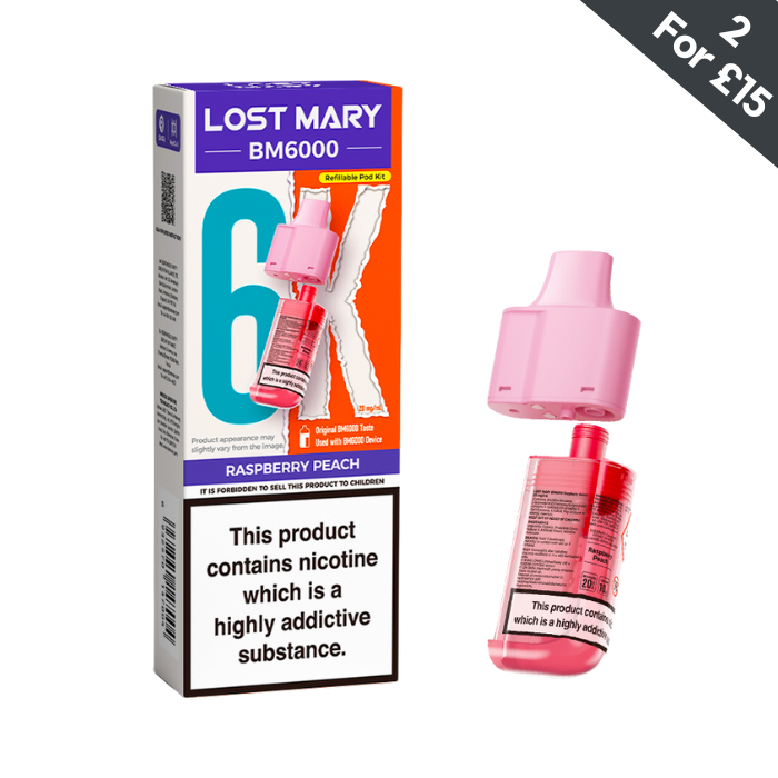 Lost Mary BM6000 Raspberry Peach 20mg replacement pod and refill container
