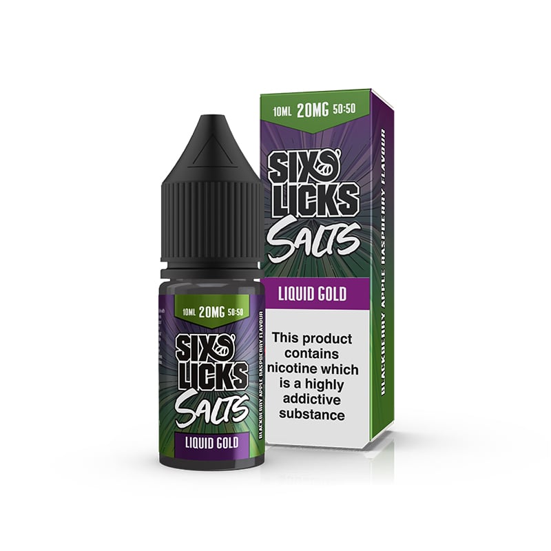 Six Licks Liquid Gold 20mg nic salt e-liquid 10ml bottle and box