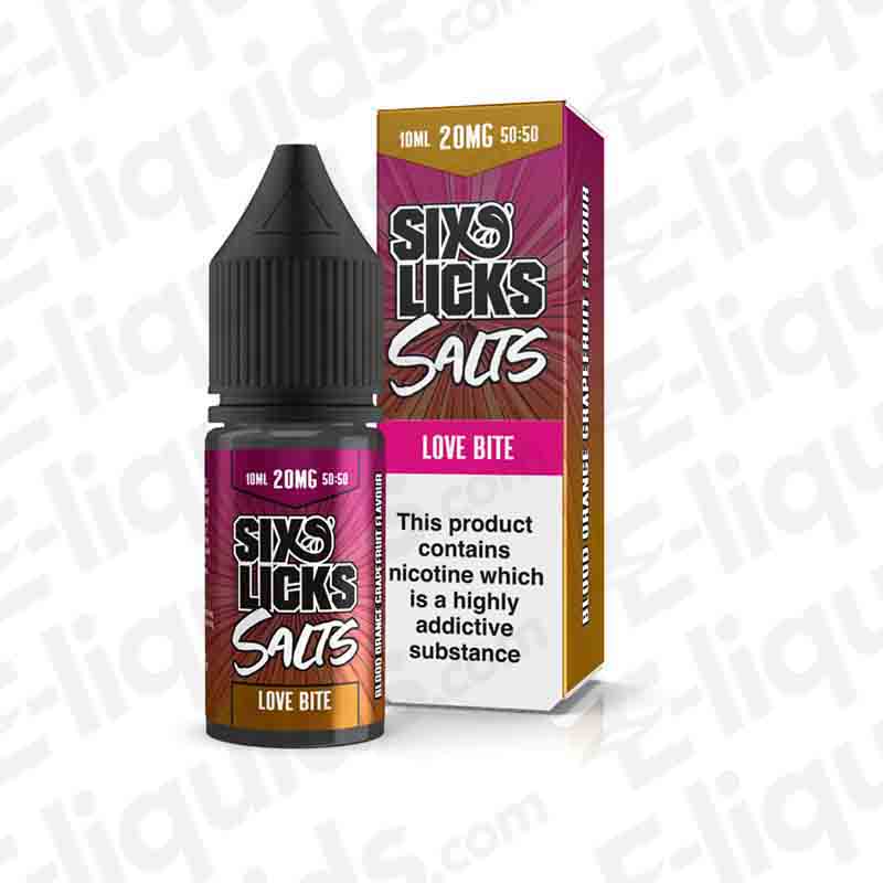 Six Licks Love Bite 20mg nic salt e-liquid 10ml bottle and box