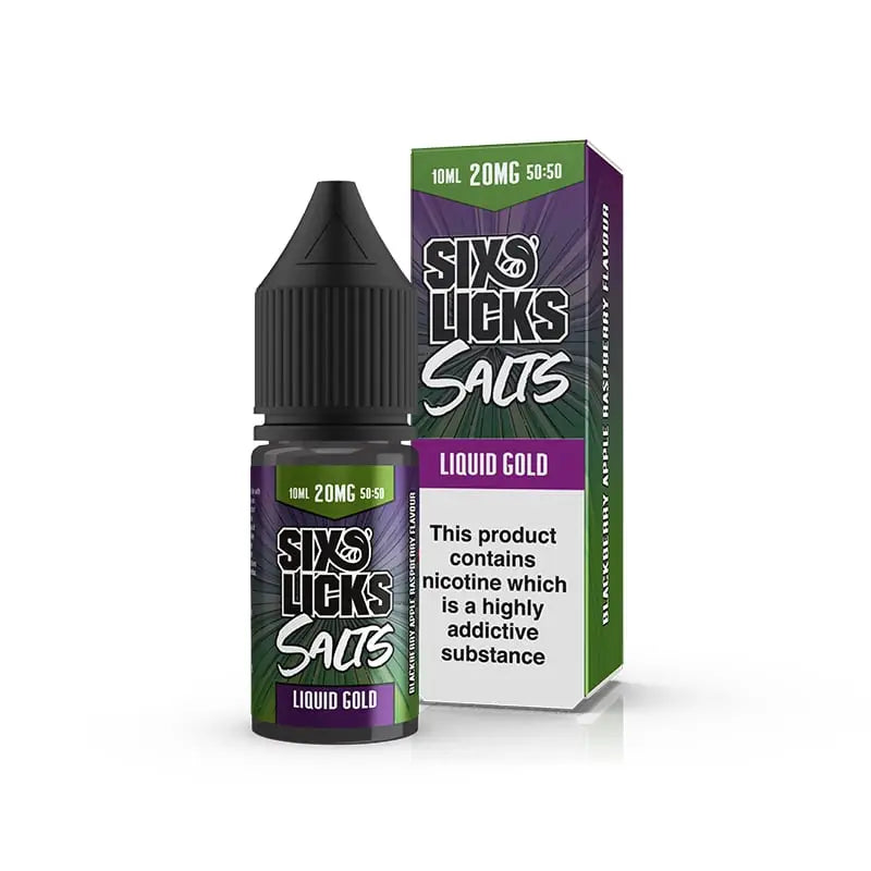 Six Licks Liquid Gold 20mg nic salt e-liquid 10ml bottle and box