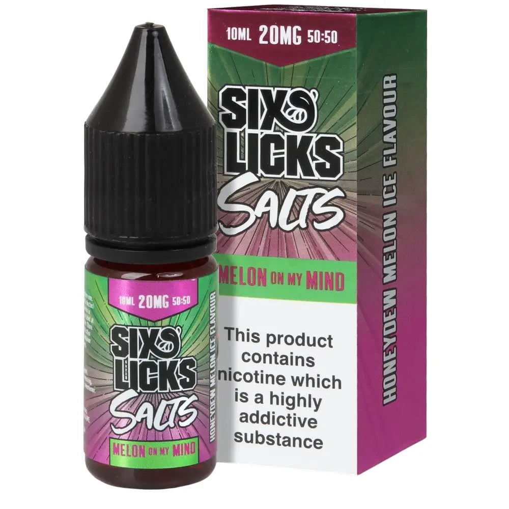 A product image showing a 10ml bottle of Six Licks Salts Nic Salt E-liquid with a 20mg nicotine strength, flavor labeled as 'Melon On My Mind'. The packaging is predominantly green and purple with an image of a watermelon and text detailing the product information.