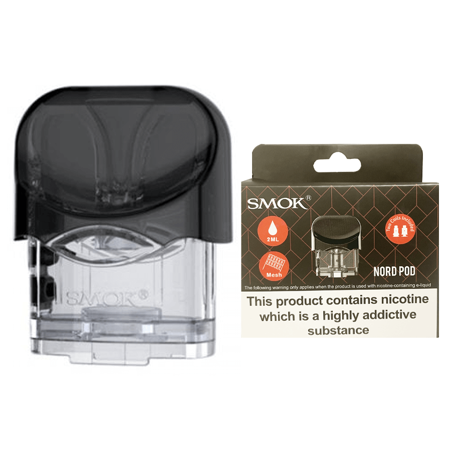 SMOK Nord Replacement Pod 2ml + 0.6Ω & 1.4Ω Coils – Bright Black – retail pod box and pack contents