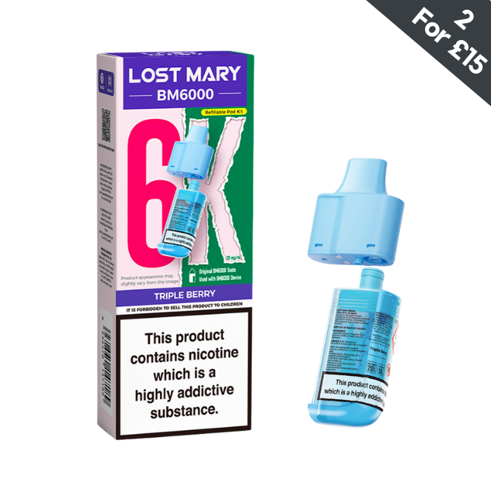Lost Mary BM6000 Triple Berry 20mg replacement pod and refill container