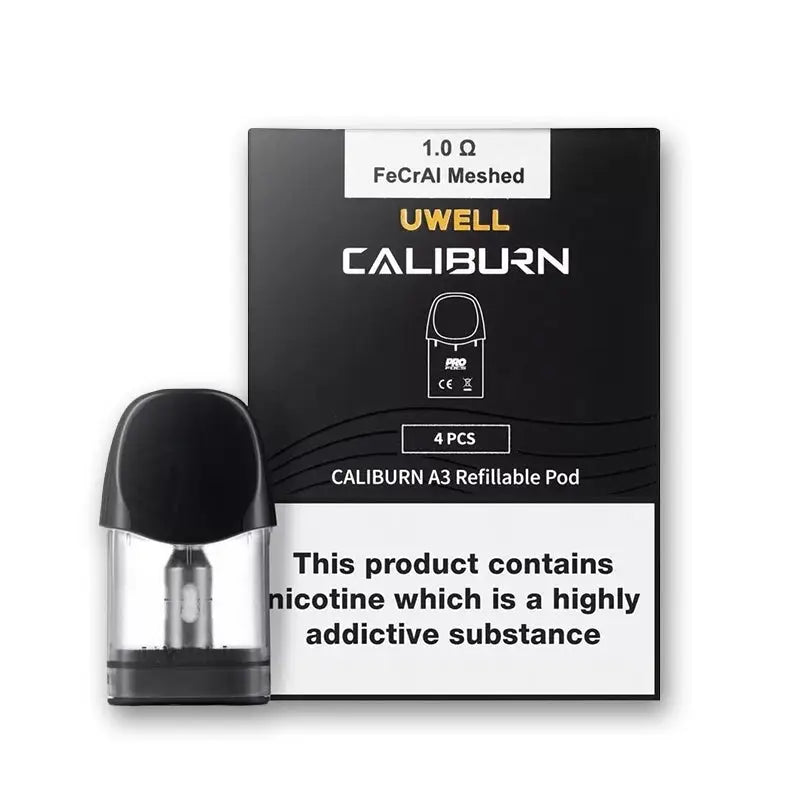 Uwell - Caliburn A3 Pods - 2ml 1.0ohm - Pack of 4 – retail pod box and pack contents