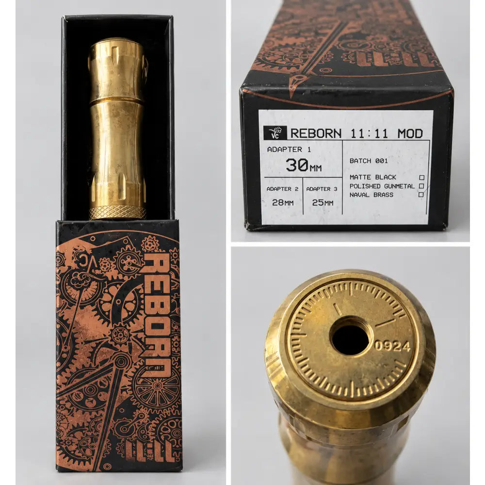 Cleaned product presentation collage of Vaperz Cloud Reborn 11:11 Naval Brass mod and packaging