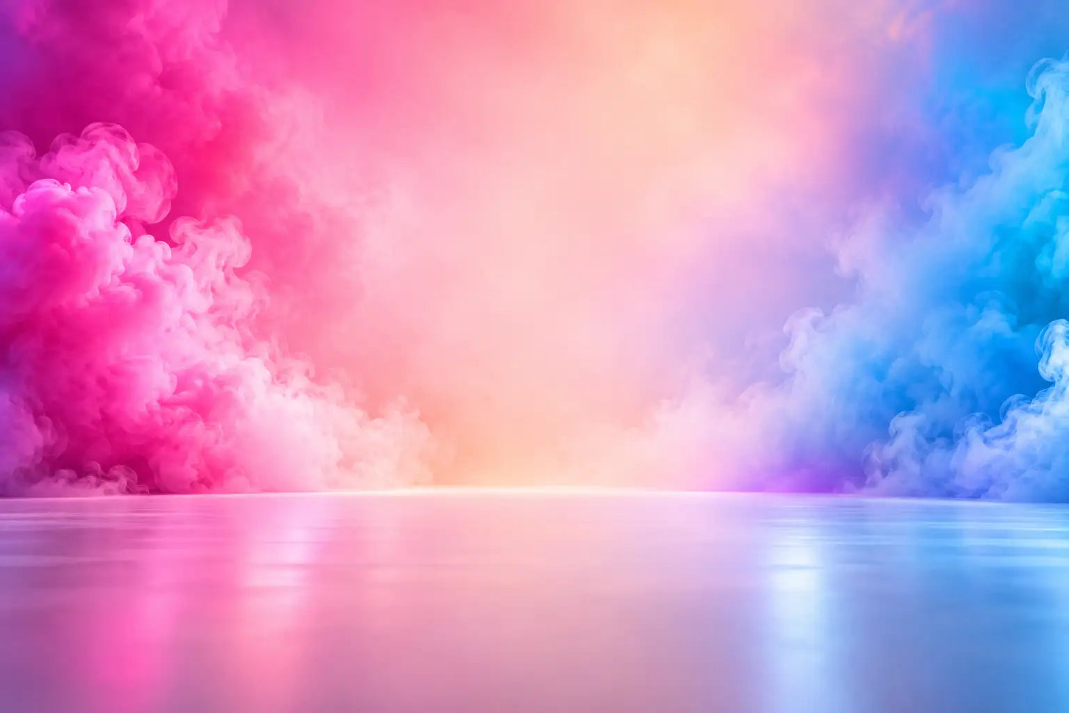 Vibrant pink and blue smoke swirls across a reflective, gradient-lit surface.